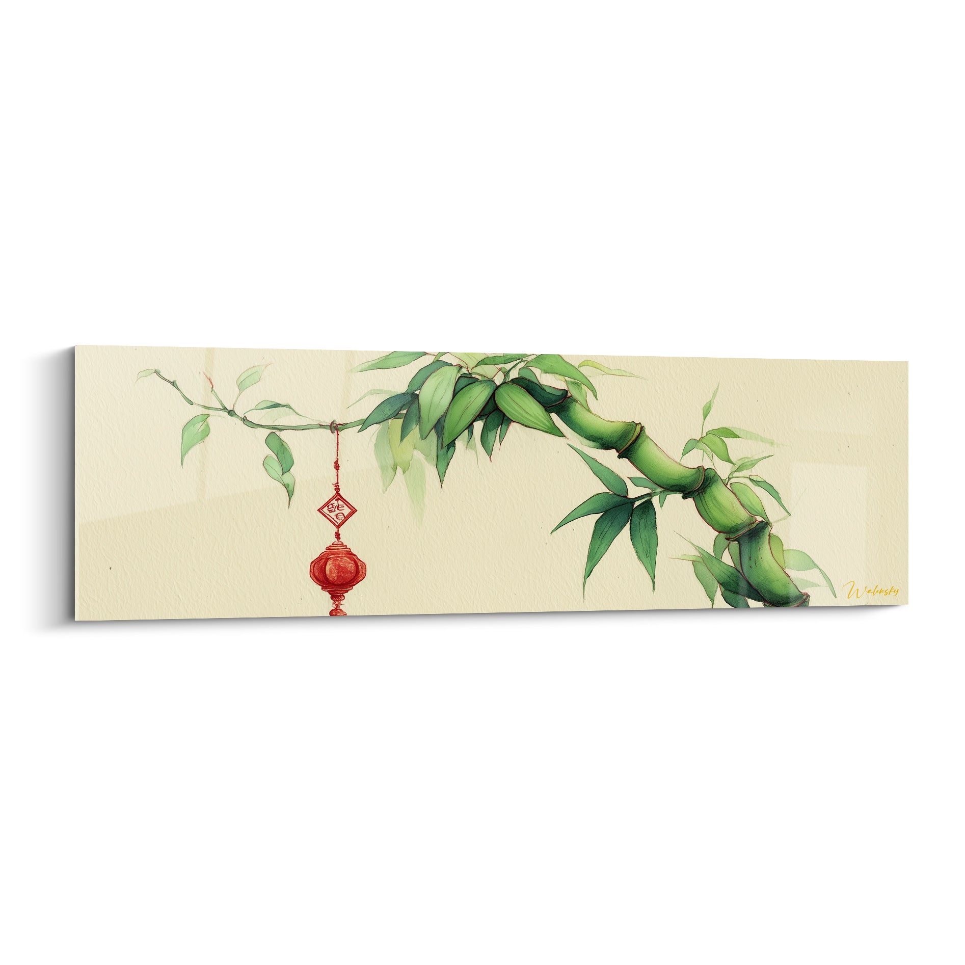 Bambou vert sauge incurvé et lanterne rouge sur fond ivoire, traitement aquarelle délicat