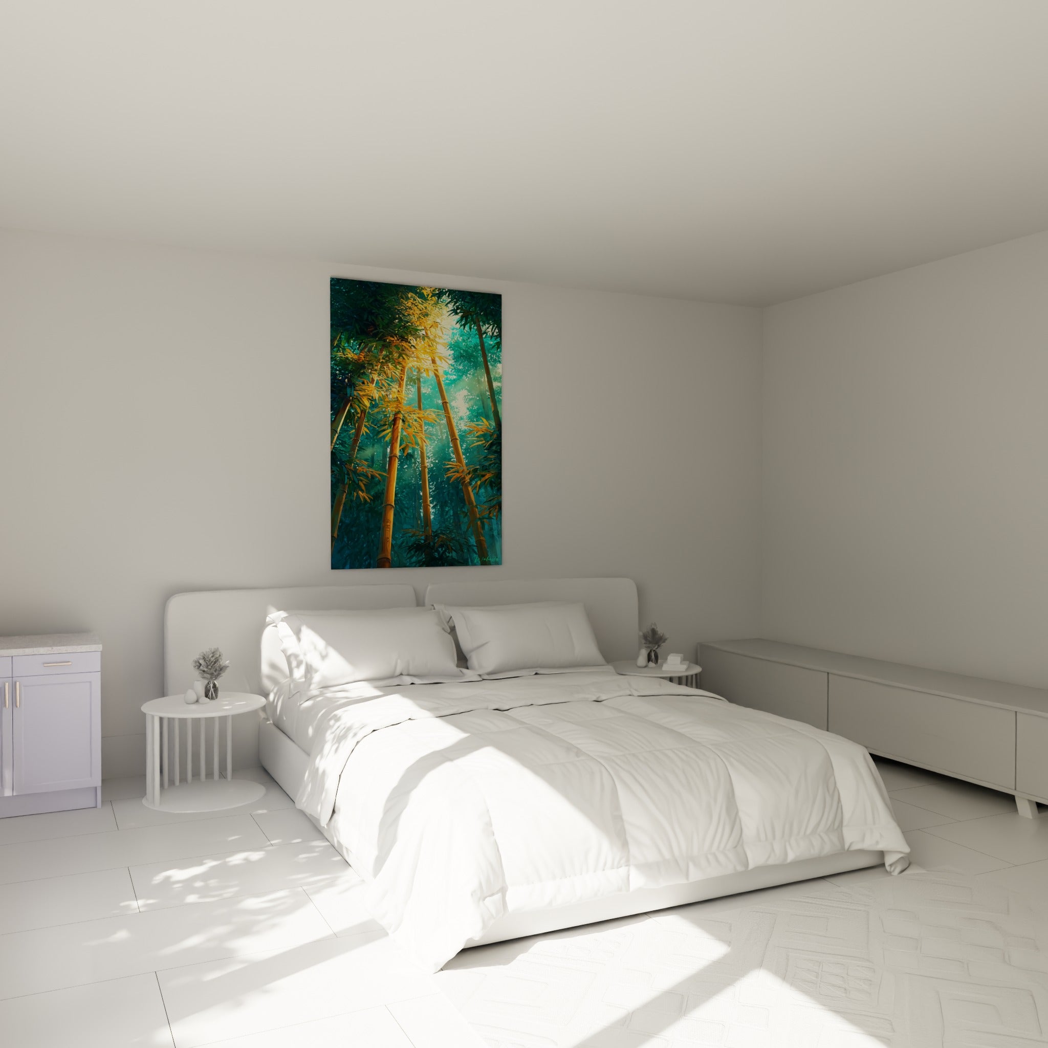Bambou doré et turquoise capté sous la lumière, au-dessus d'un lit dans une chambre claire
