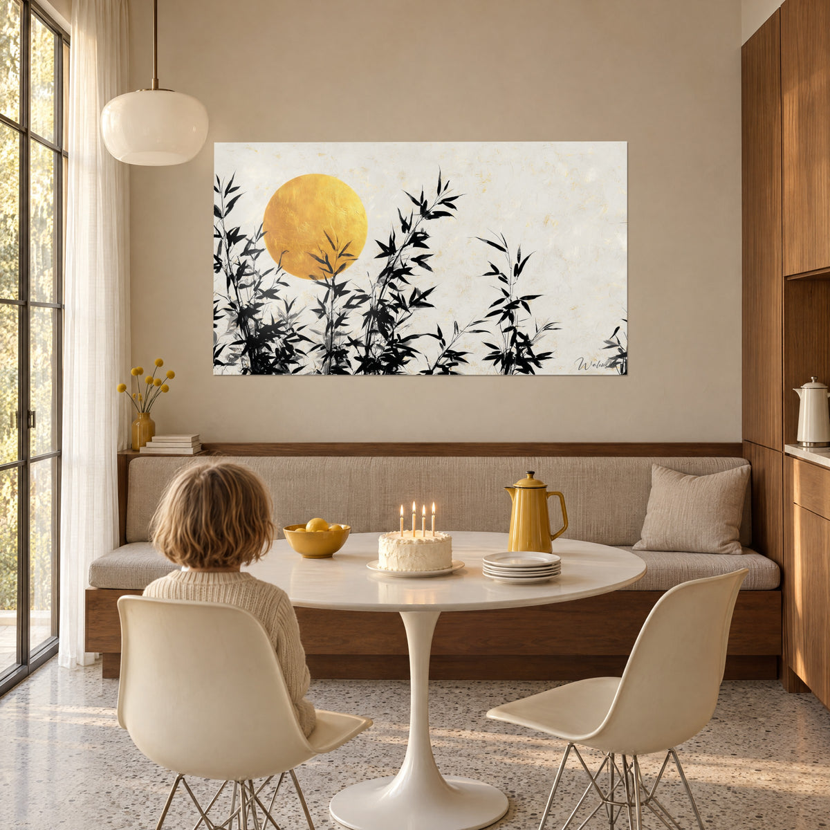 Quadro con luna piena dorata e sagome di bambù nero su avorio, parete beige di una sala da pranzo, tavolo rotondo bianco