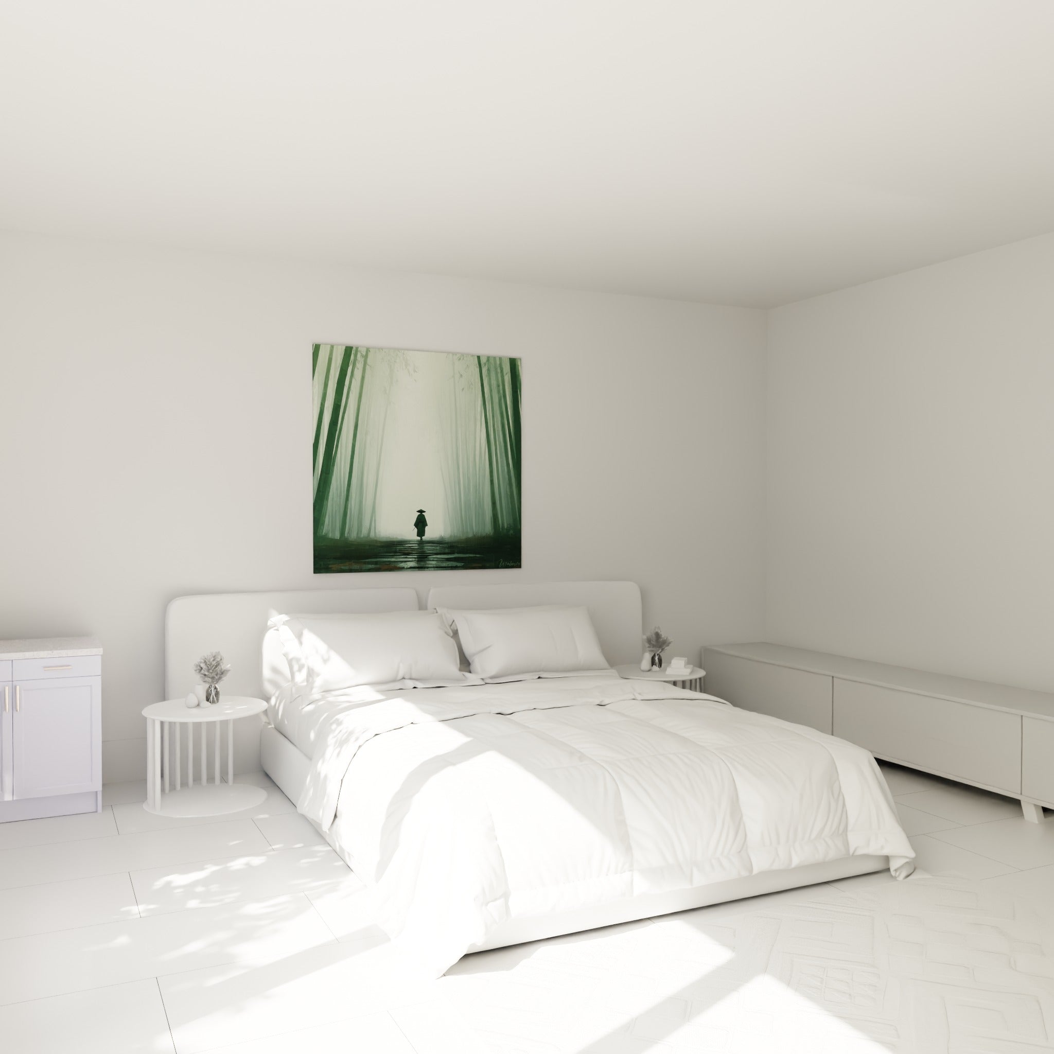 Marcheur solitaire du tableau Bambou vert et anthracite au-dessus d'un lit dans une chambre claire