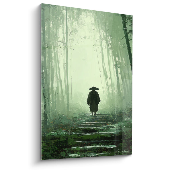 Cuadro del Viajero con Sombrero Cónico en Bosque Verde - Sendero de Meditación - Edición Bambú