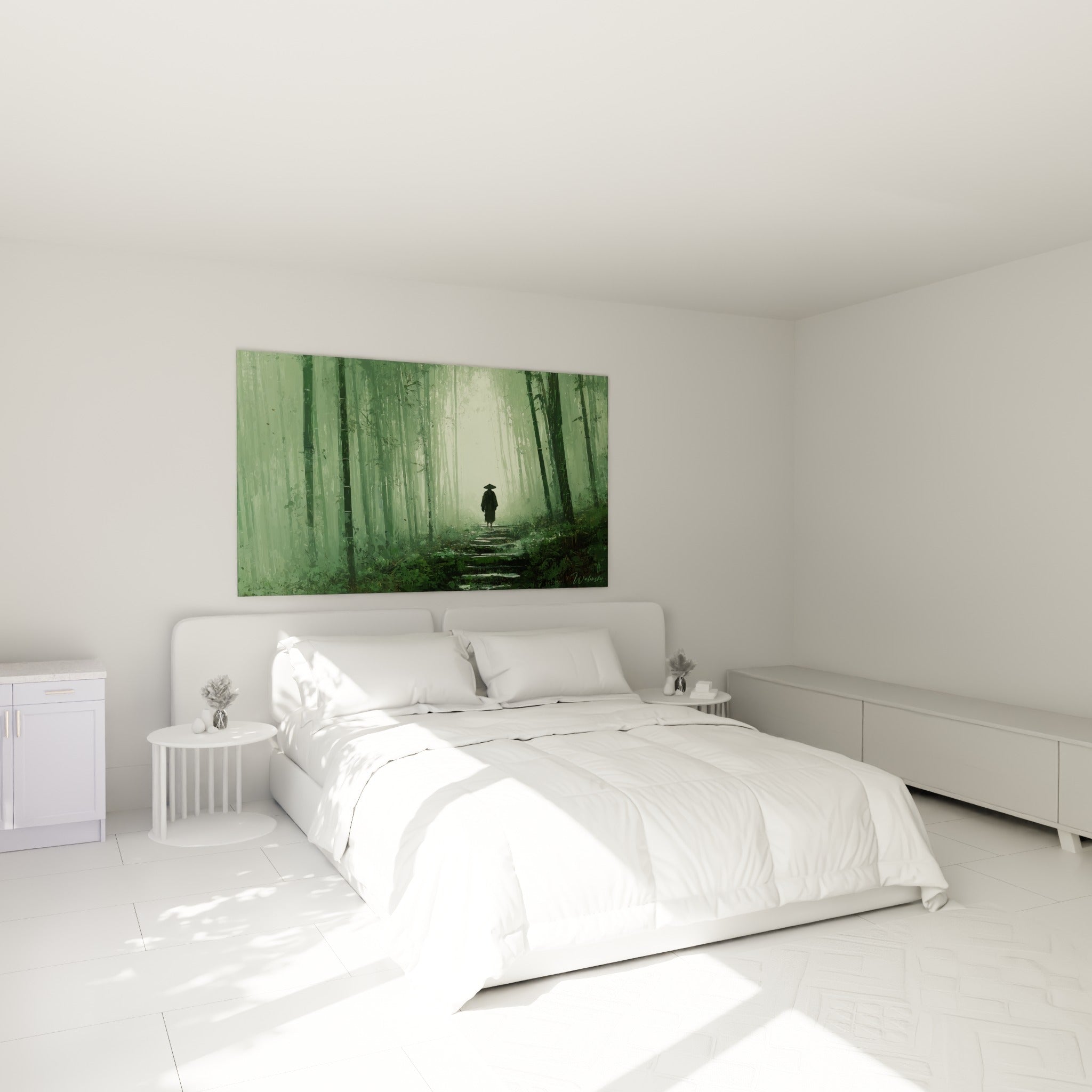 Marcheur au chapeau conique traversant une forêt vert profond, au-dessus d'un lit dans une chambre claire