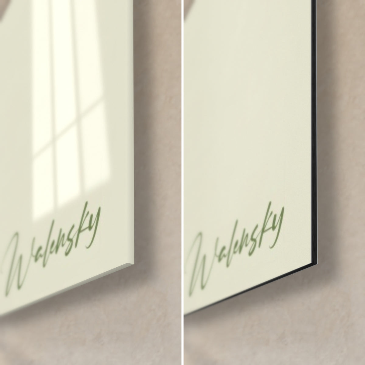 Tableau bambou vert tendre, coin bas droit : verre acrylique brillant aux reflets à gauche, alu Dibond noir mat à droite, signature Walensky