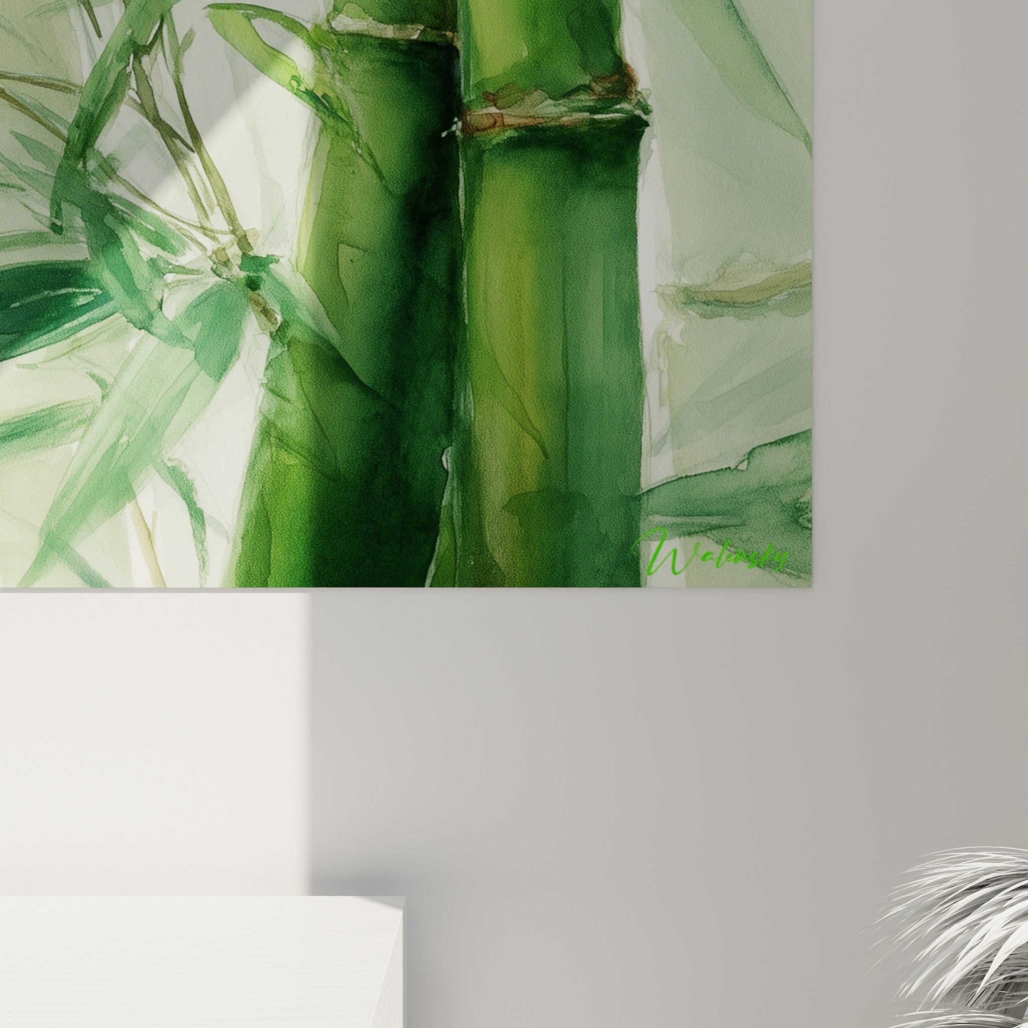 Nœuds bruns et coulures d'aquarelle verte se rejoignant sur la tige principale du bambou