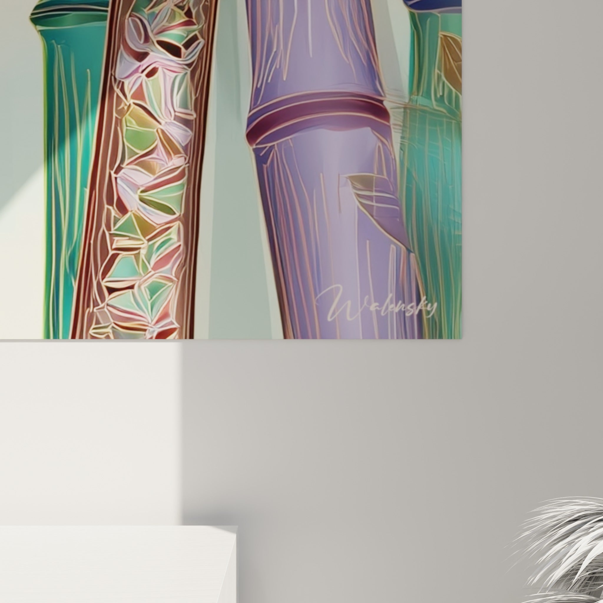 Détail des nœuds mosaïqués bruns et lilas du bambou, grain fin et lignes gravées de l'impression