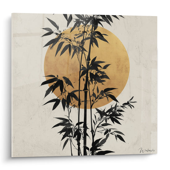 Tiges de bambou noir traversant un disque doré sur fond ivoire texturé, style estampe japonaise