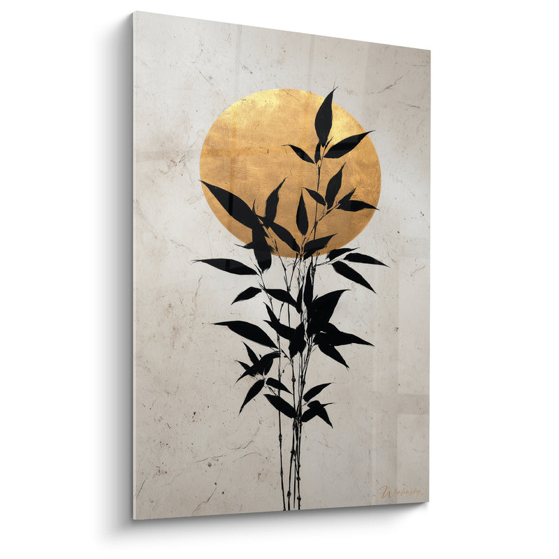 Tableau Bambou noir et doré sur fond marbré - Disque solaire orangé - Edition Bambou