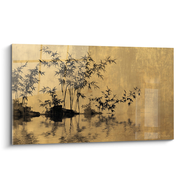 Black Bamboo Artwork on Gold Reflection - Golden Serenity - Bambou Edition