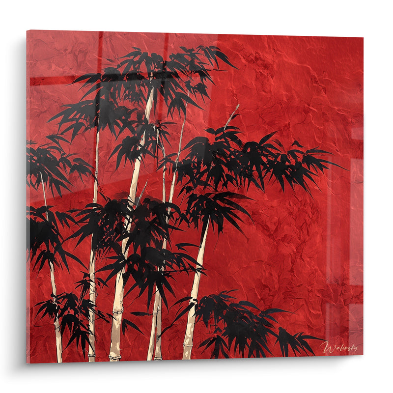 Tableau Bambou noir et rouge sur mur texturé - Tiges ivoire élancées - Edition Bambou