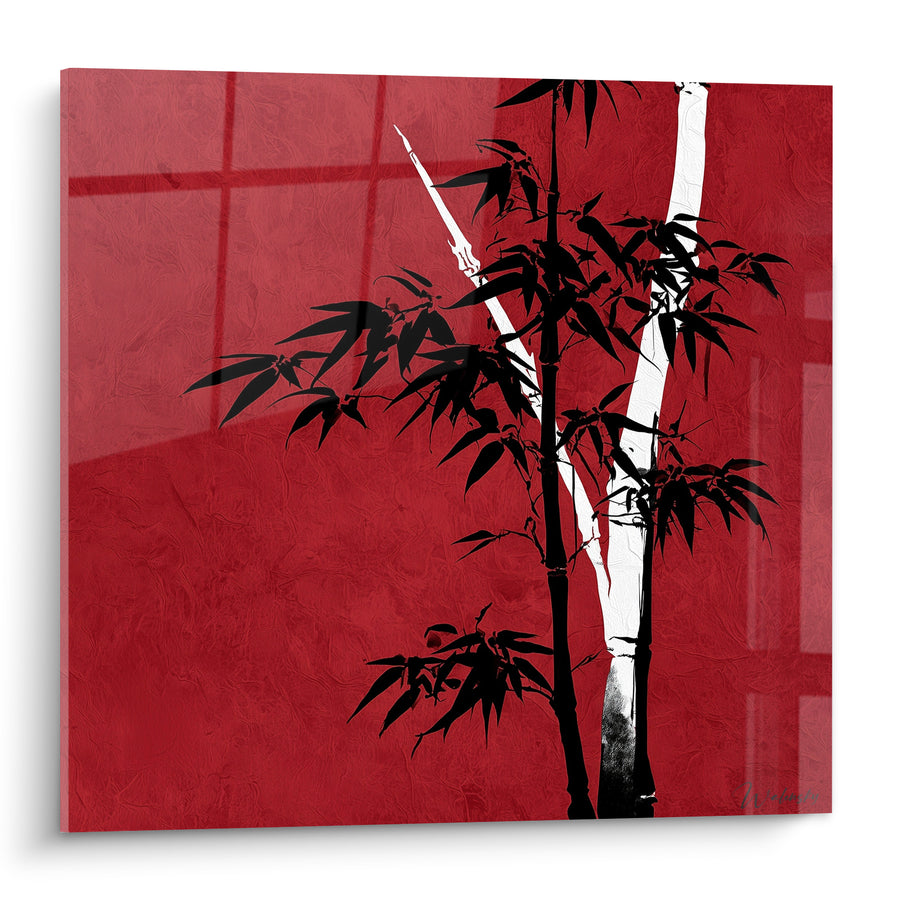 Tableau Bambou noir et blanc sur fond rouge - Souffle oriental - Edition Bambou