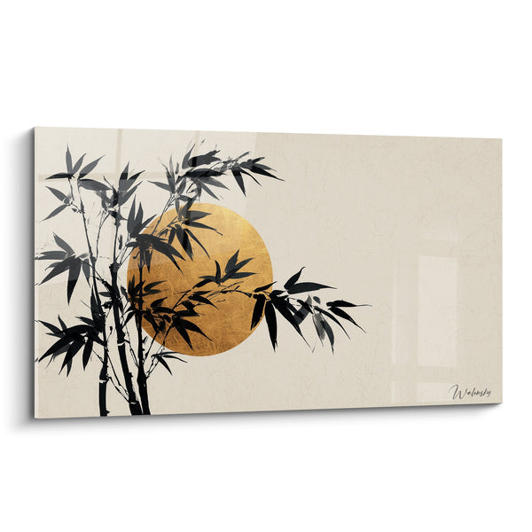 Black Bamboo and Gold Disk on Ivory Background - Asian Minimalist Ink - Bambou Edition