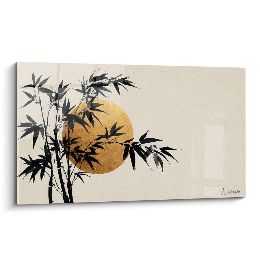 Gemälde Bambus schwarz und goldene Scheibe auf Elfenbeinhintergrund - Minimalistische asiatische Tusche - Edition Bambou