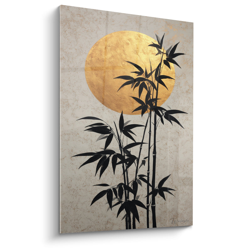 Tableau Bambou noir devant un disque doré sur fond ivoire craquelé - Pleine lune texturée - Edition Bambou