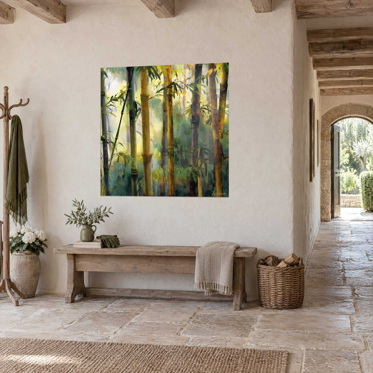 Wall art bamboo forest with knotted golden stalks and soft green foliage, diffused light, in a stone entrance hall