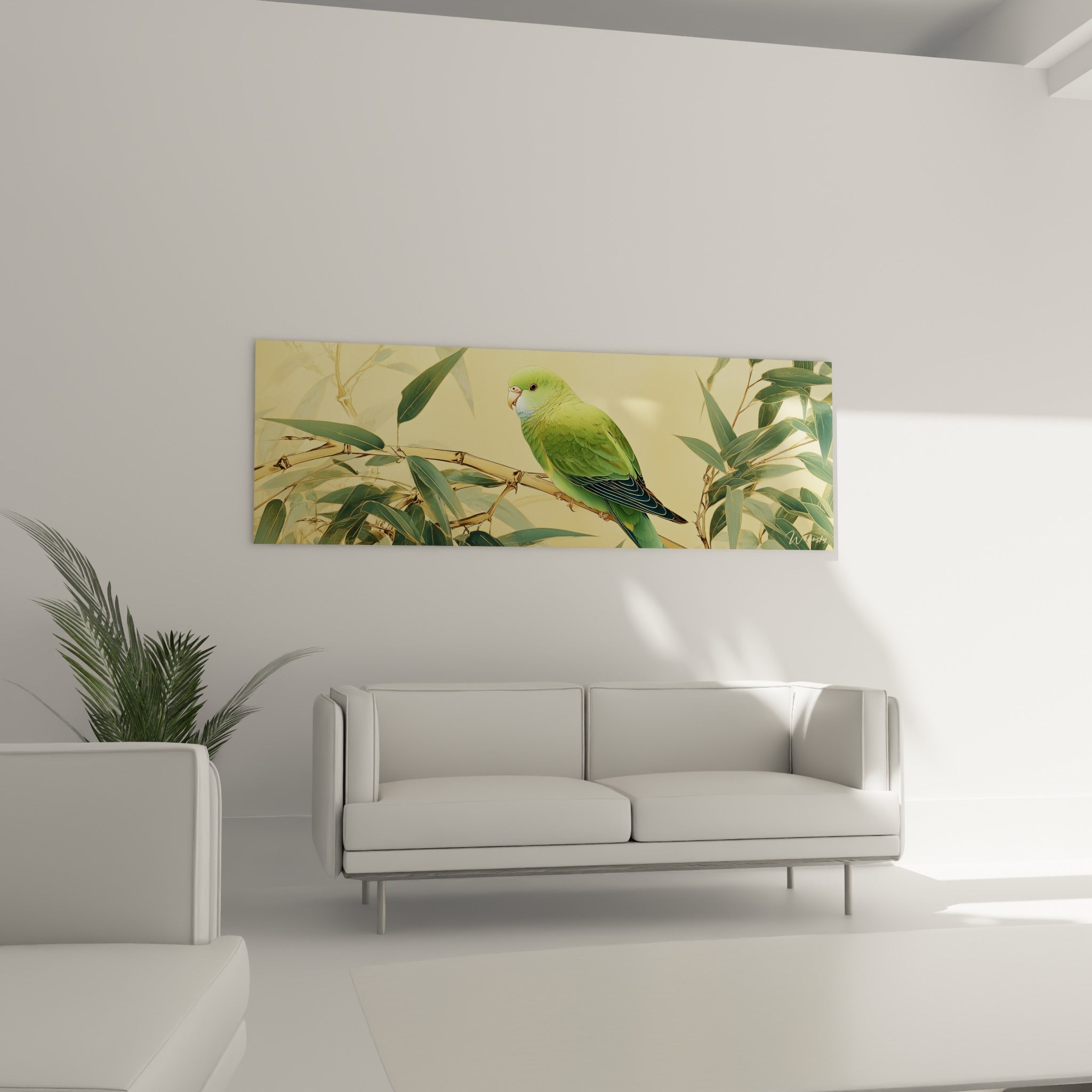 Oiseau vert sauge perché sur une branche dorée, au-dessus d'un canapé dans un salon lumineux