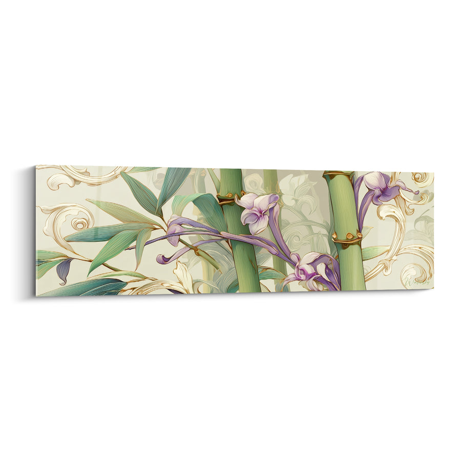Gemälde Bambus grün und Orchideen Lila Gold - Orientalische Eleganz - Bambus Edition