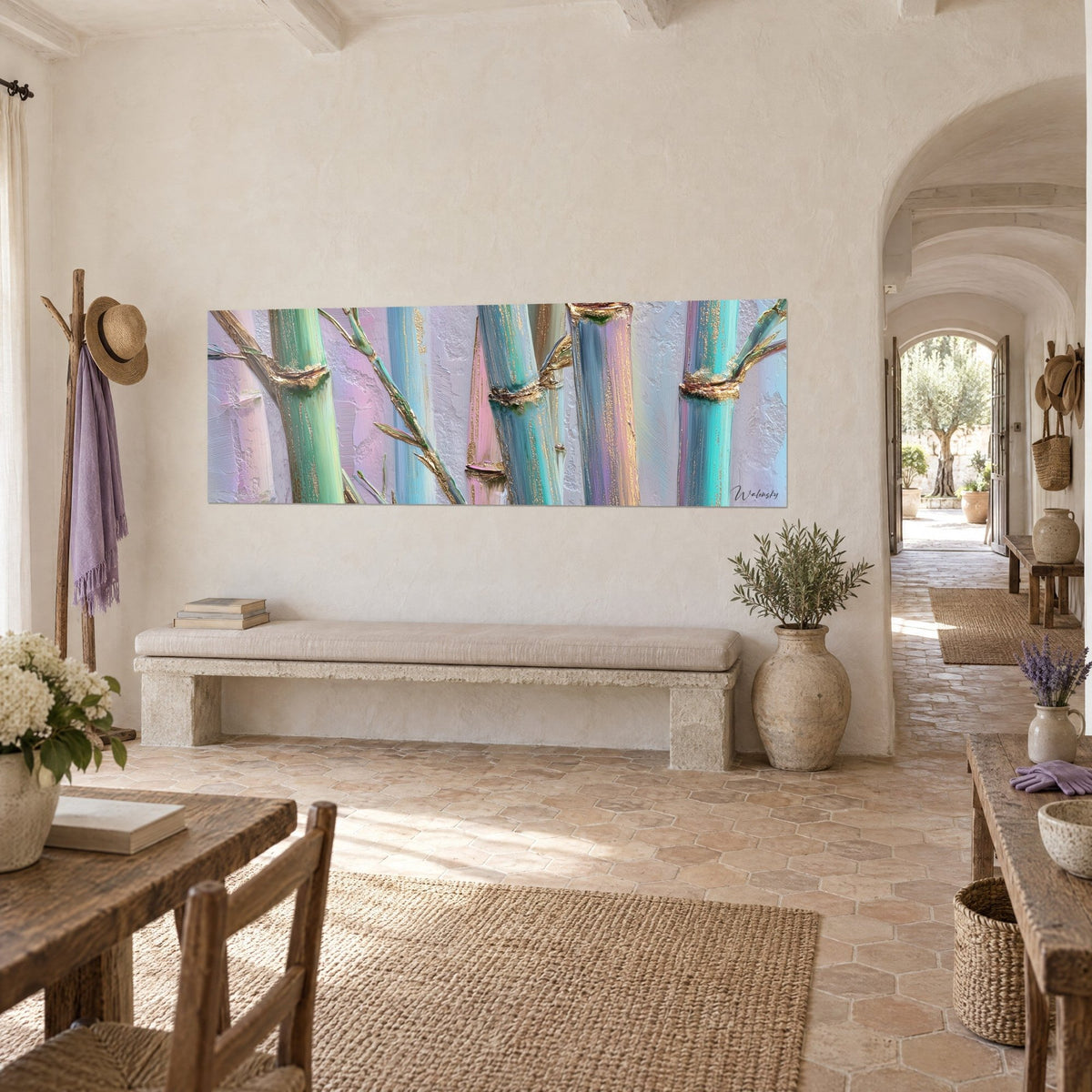 Wall art of pastel pink and sea-green stalks with copper nodes, three-quarter view on a cream wall, stone bench, Provençal farmhouse