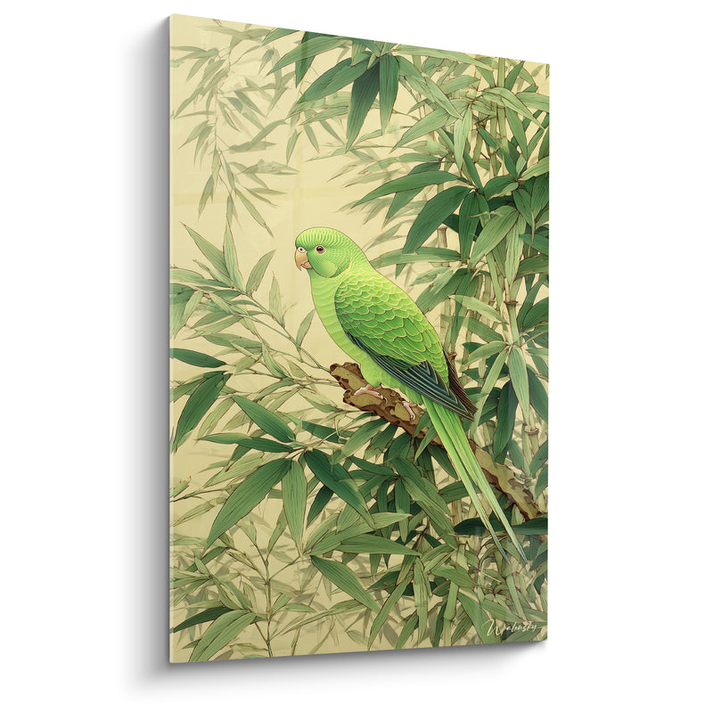 Tableau Perruche verte et ivoire sur branche noueuse - Regard perçant discret - Edition Bambou