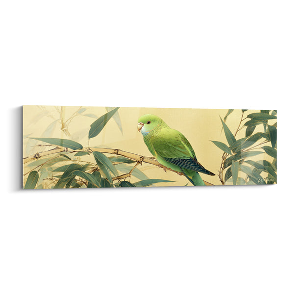 Cuadro de Periquito Verde y Beige en Rama Frondosa - Mirada Curiosa en el Nido - Edición Bambú