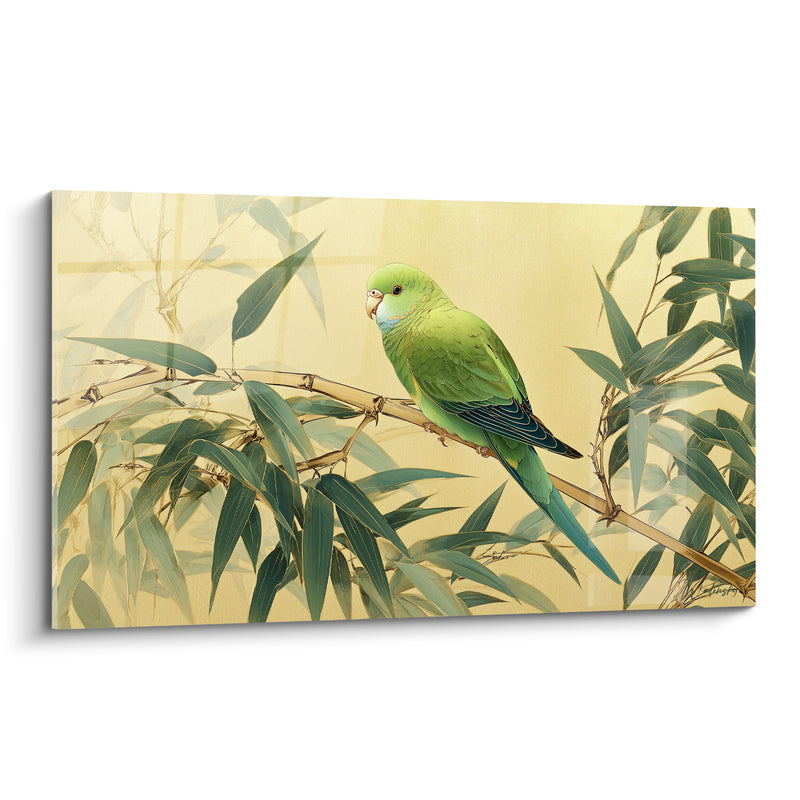 Tableau Perruche verte et ivoire sur branche noueuse - Plumage émeraude délicat - Edition Bambou
