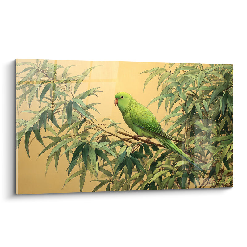 Tableau Perruche verte sur branche de bambou - Refuge feuillu - Edition Bambou