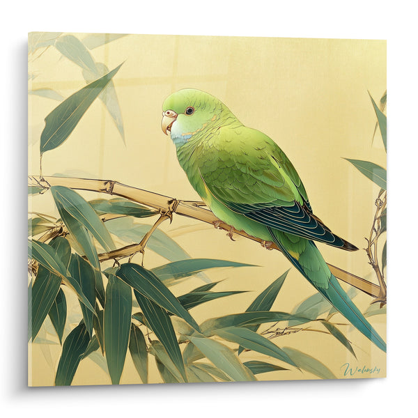 Cuadro de Periquito Verde sobre Tallo Dorado - Halte Dorado - Edición Bambú