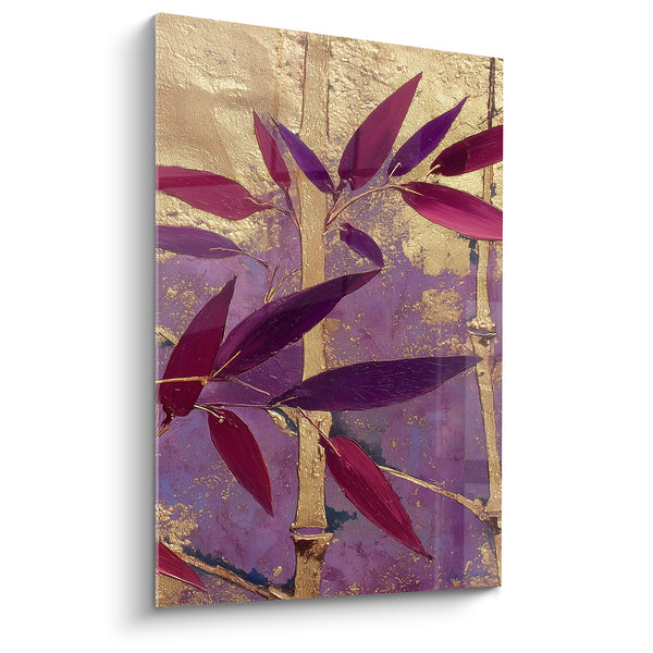 Golden Bamboo Painting with Purple and Magenta Leaves - Textured Golden Splashes - Bambou Edition