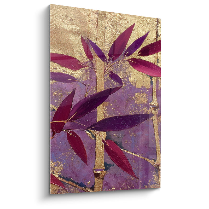 Tableau Bambou doré aux feuilles pourpres et magenta - Éclaboussures dorées texturées - Edition Bambou