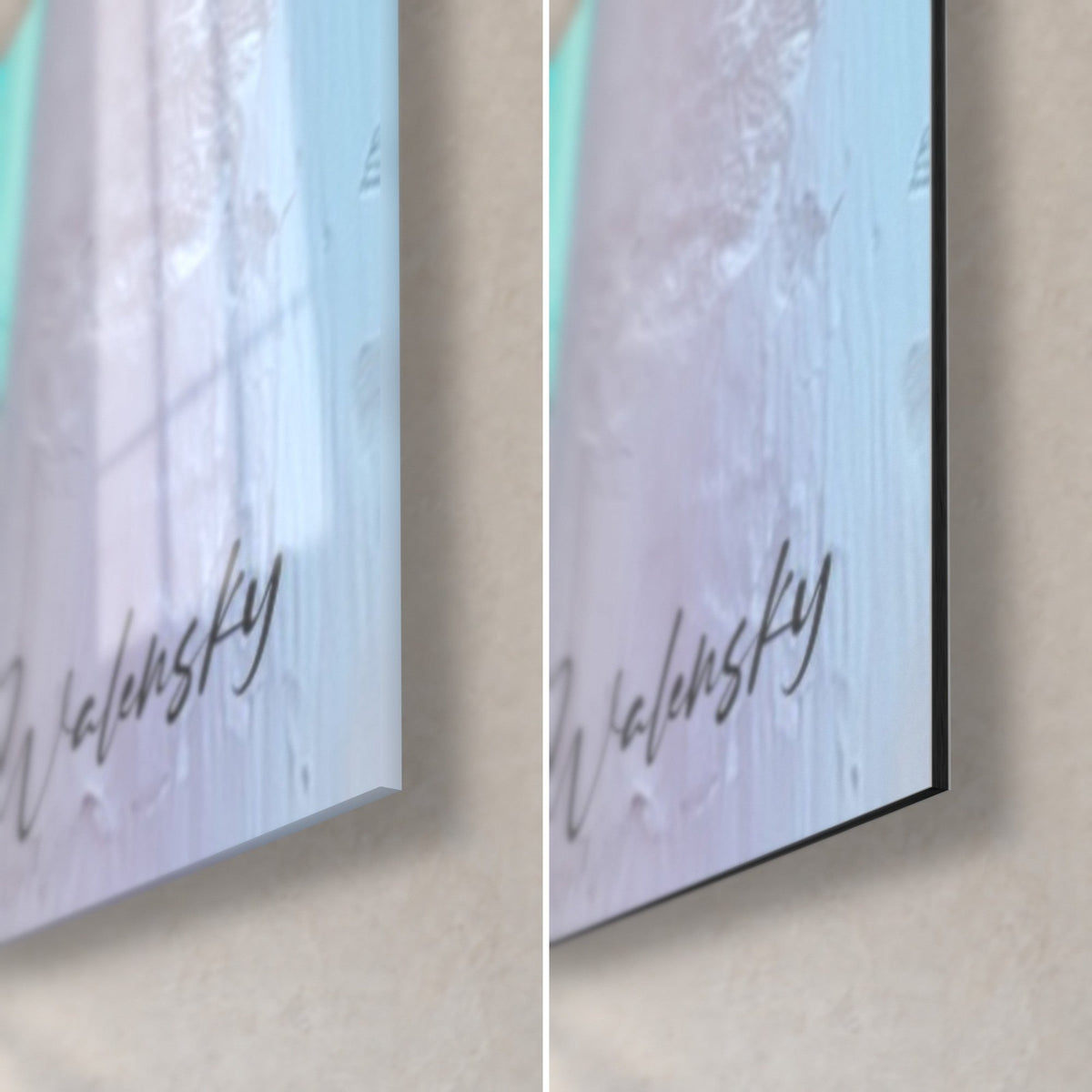 Wall art of turquoise and pink bamboo stalks, bottom right corner, glossy glass on the left, matte Dibond on the right, 3 mm edge
