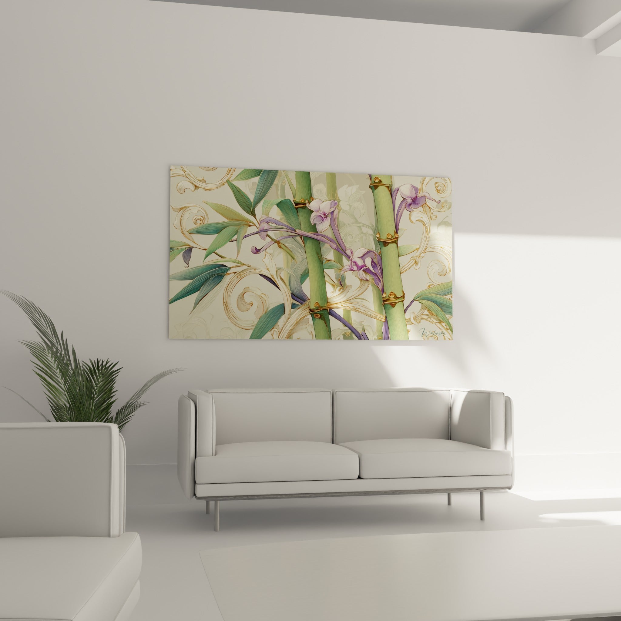 Fleurs mauves et bambou vert sauge disposés au-dessus d'un canapé dans un salon lumineux