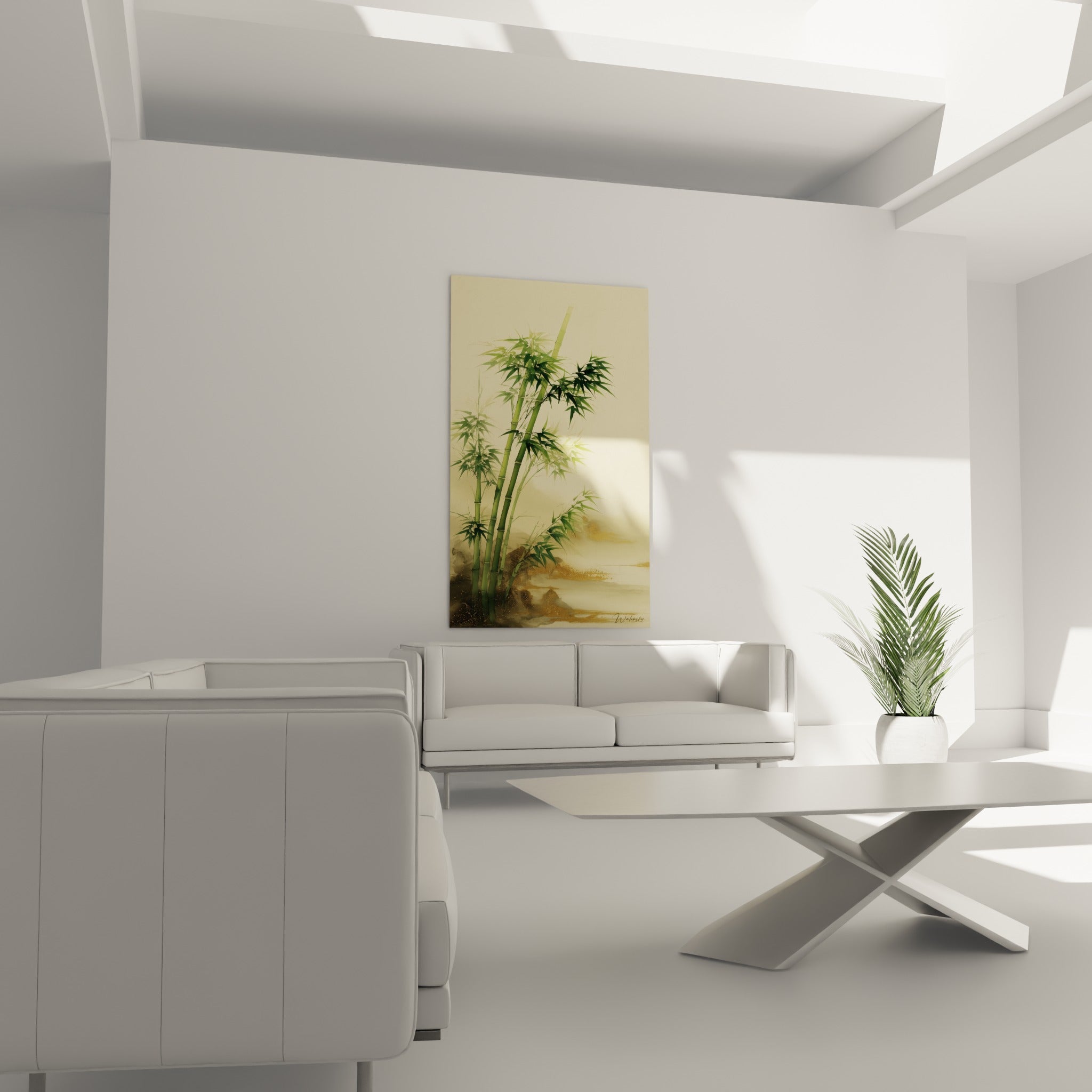 Feuillage de bambou vert et ocre en composition verticale, au-dessus d'un canapé dans un salon lumineux