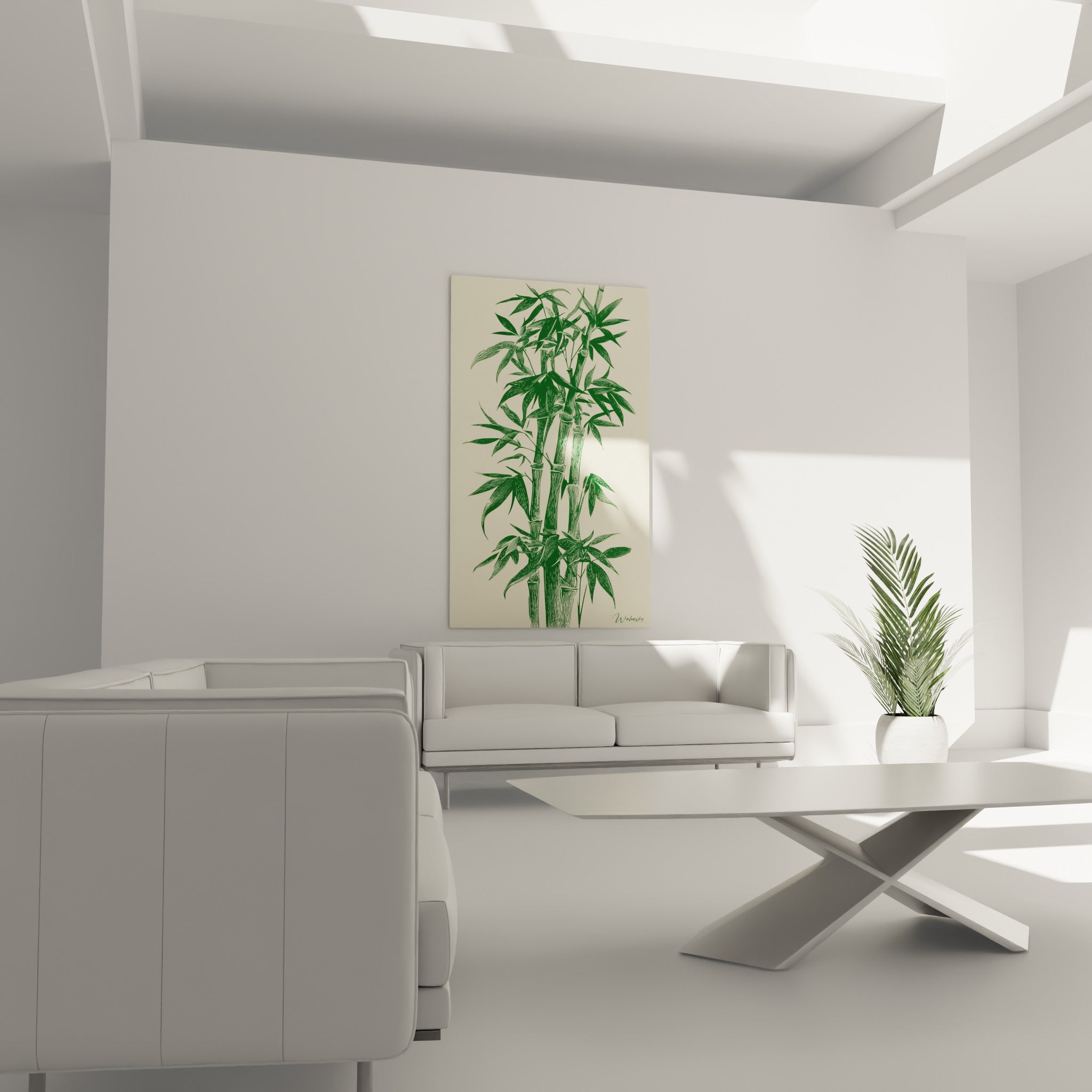 Feuillage de bambou vert sapin sur fond ivoire, suspendu au-dessus d'un canapé dans un salon lumineux
