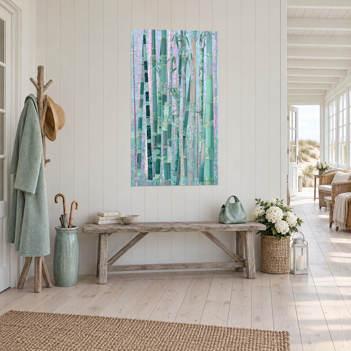 Wall art pastel bamboo forest with lavender blue and jade green joints, hung on the white wall of a seaside entrance hall