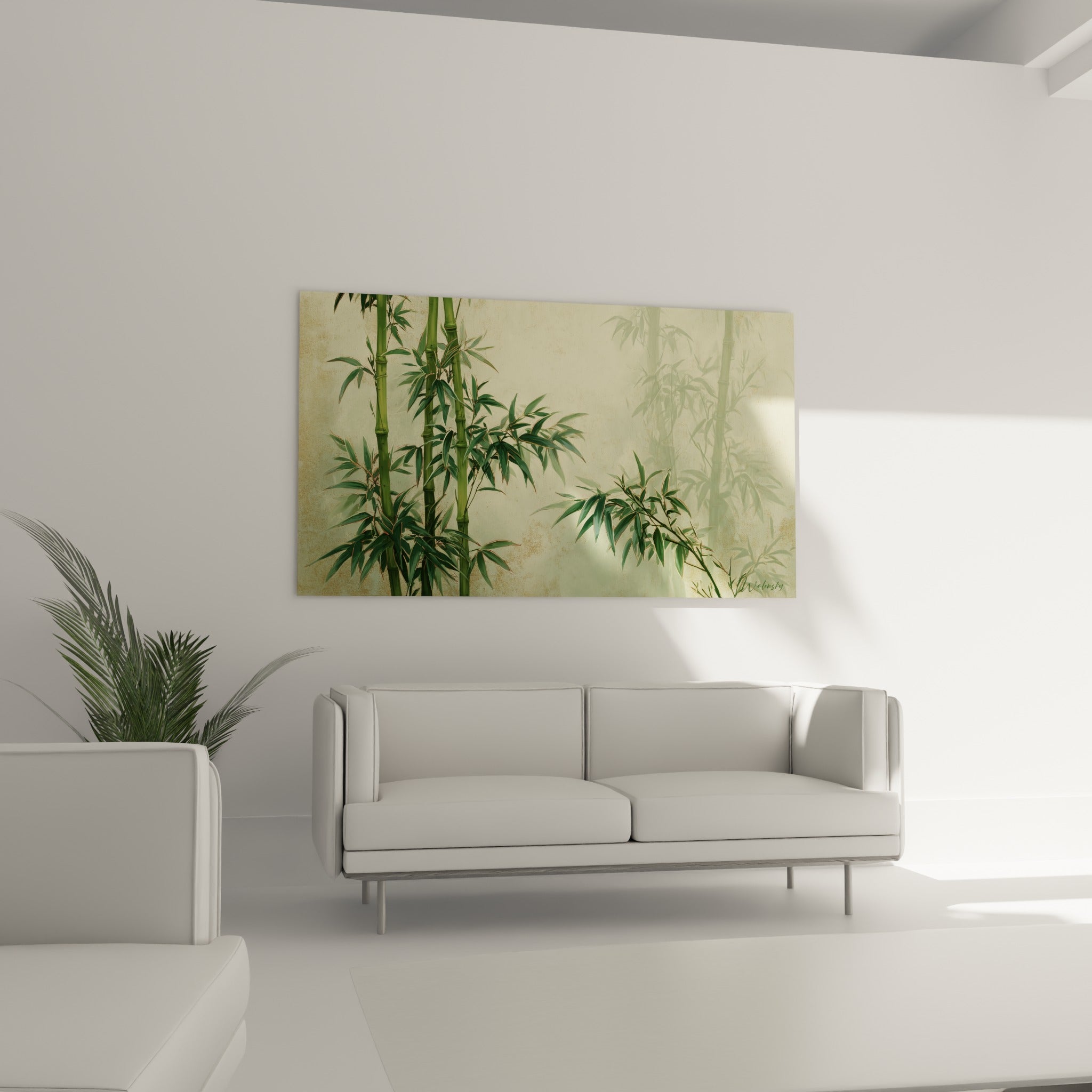 Feuillage de bambou vert sauge accroché au-dessus d'un canapé dans un salon lumineux