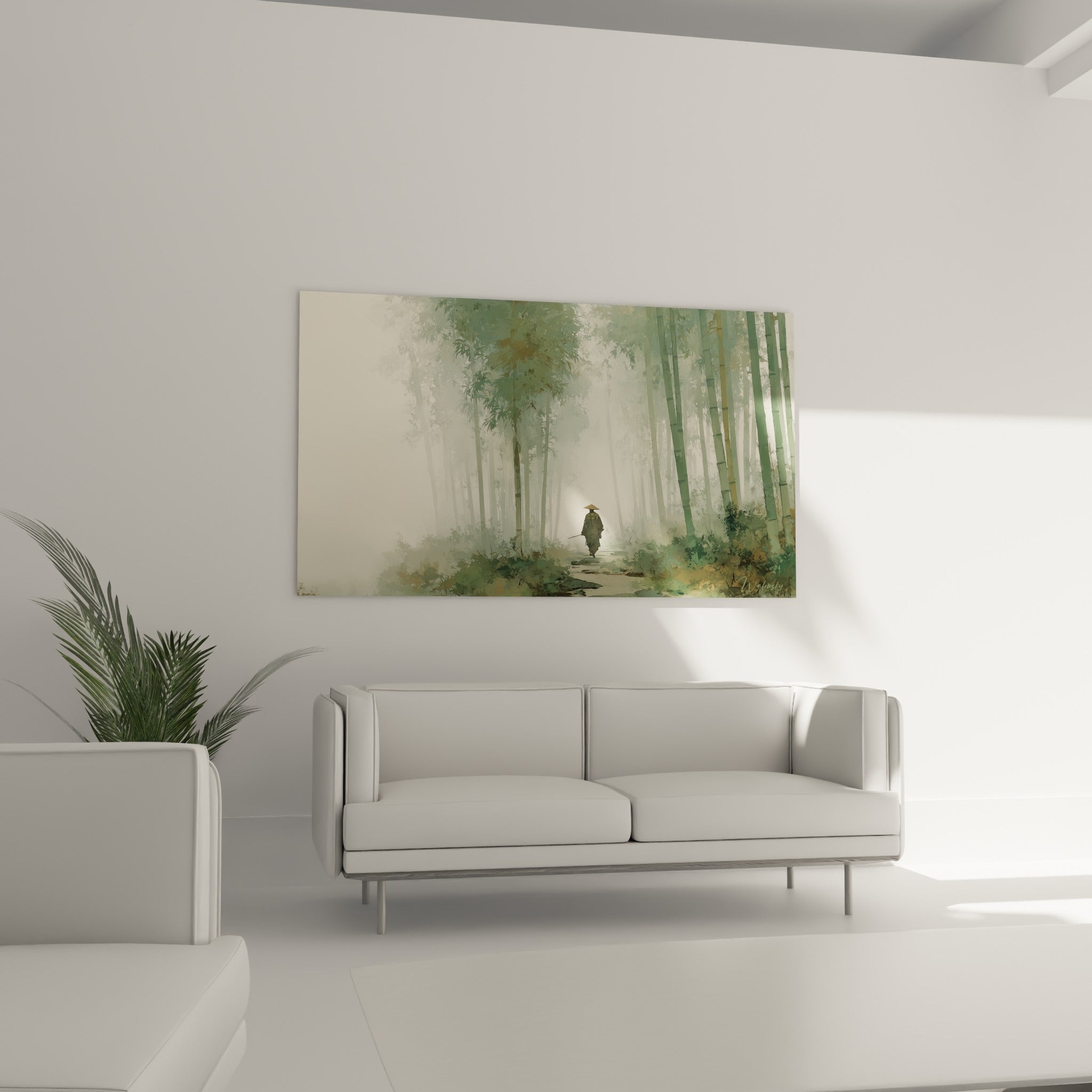 Sentier brumeux bordé de bambous ocre et vert traversé par un promeneur, au-dessus d'un canapé dans un salon lumineux