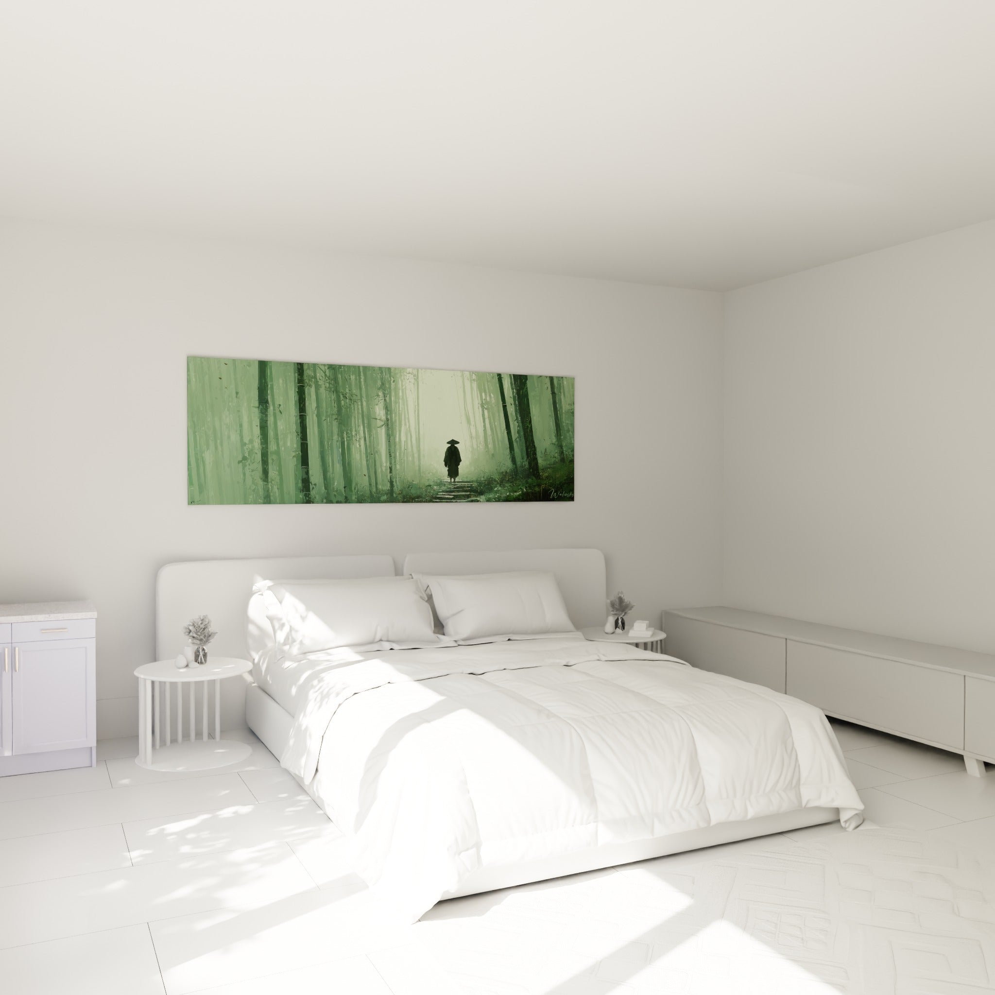 Voyageur solitaire coiffé d'un chapeau conique dans ce tableau bambou vert au-dessus d'un lit dans une chambre claire