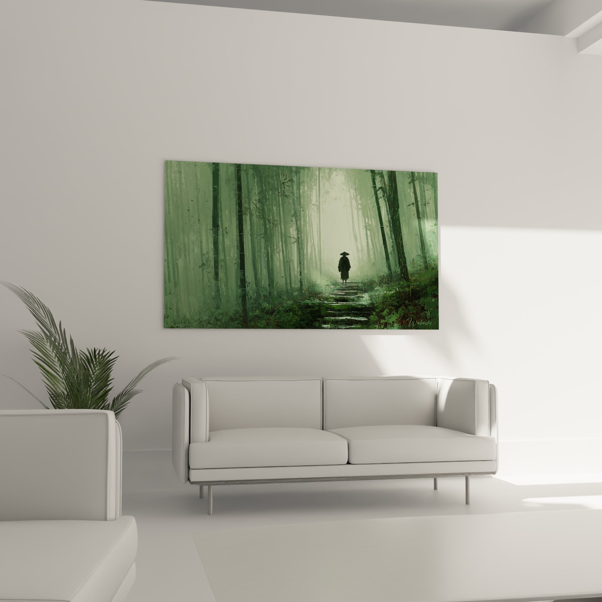 Sentier de pierre bordé de bambous vert mousse et gris verdâtre, au-dessus d'un canapé dans un salon lumineux