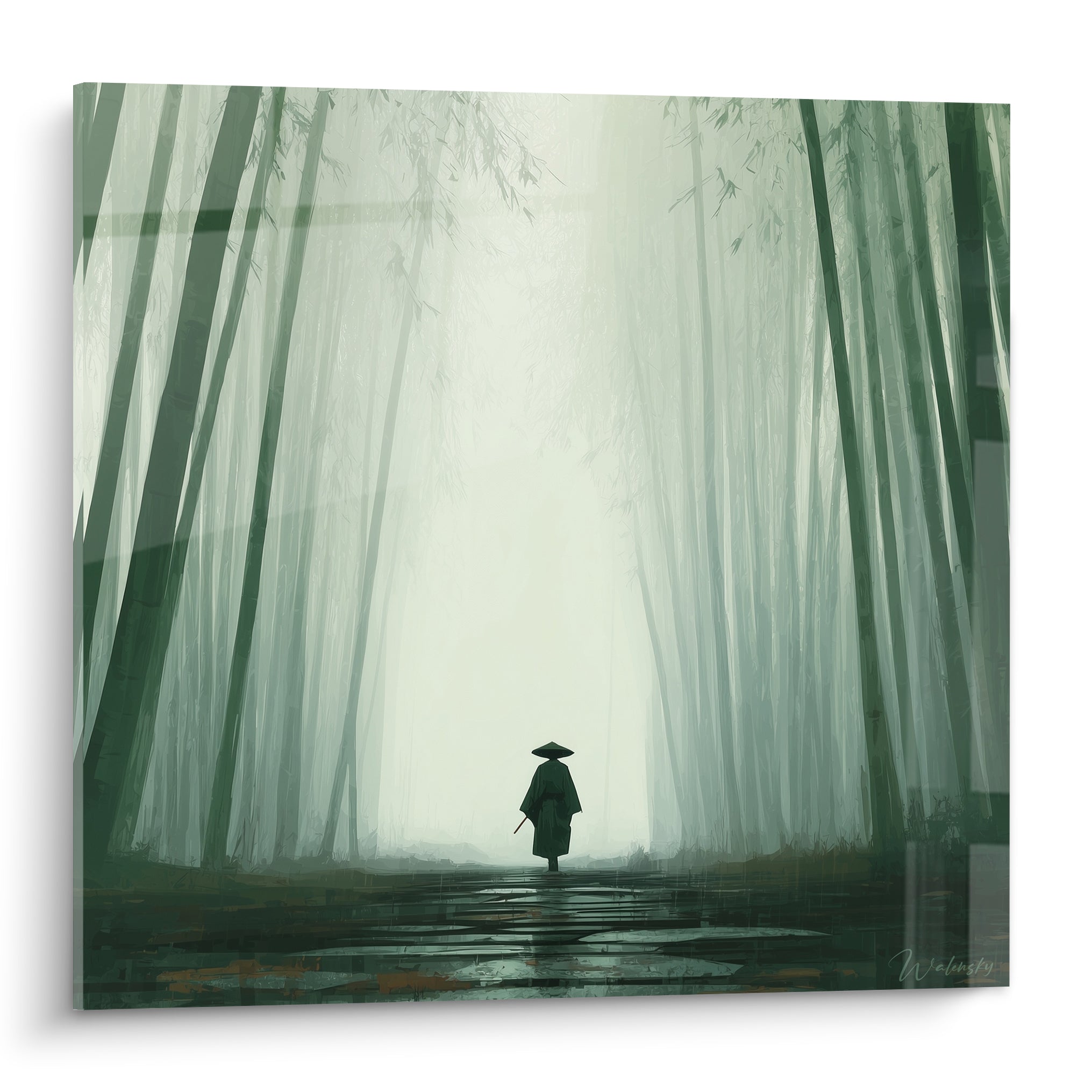 Silhouette Bambou en chapeau conique traversant une forêt vert sauge et blanc brumeux