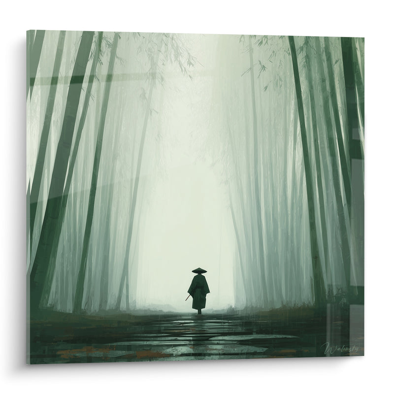Tableau Silhouette solitaire chapeau conique forêt brumeuse - Marche silencieuse - Edition Bambou