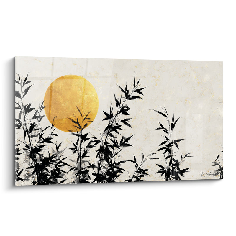 Tableau Disque doré noir et ivoire feuillage effilé - Lune ronde éclatante - Edition Bambou