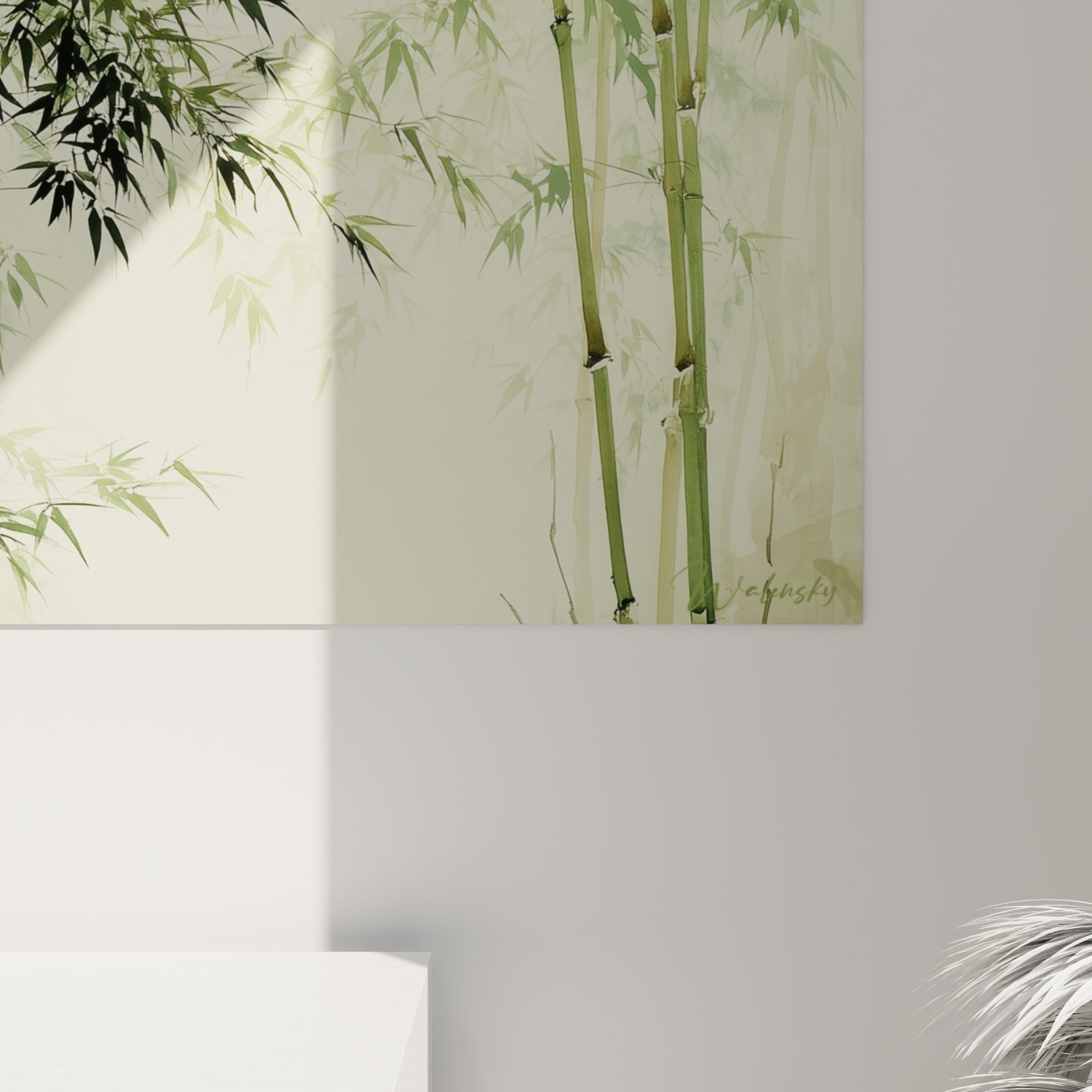 Grain de la toile révélant les nuances vert foncé et beige des tiges de bambou peintes à l'aquarelle
