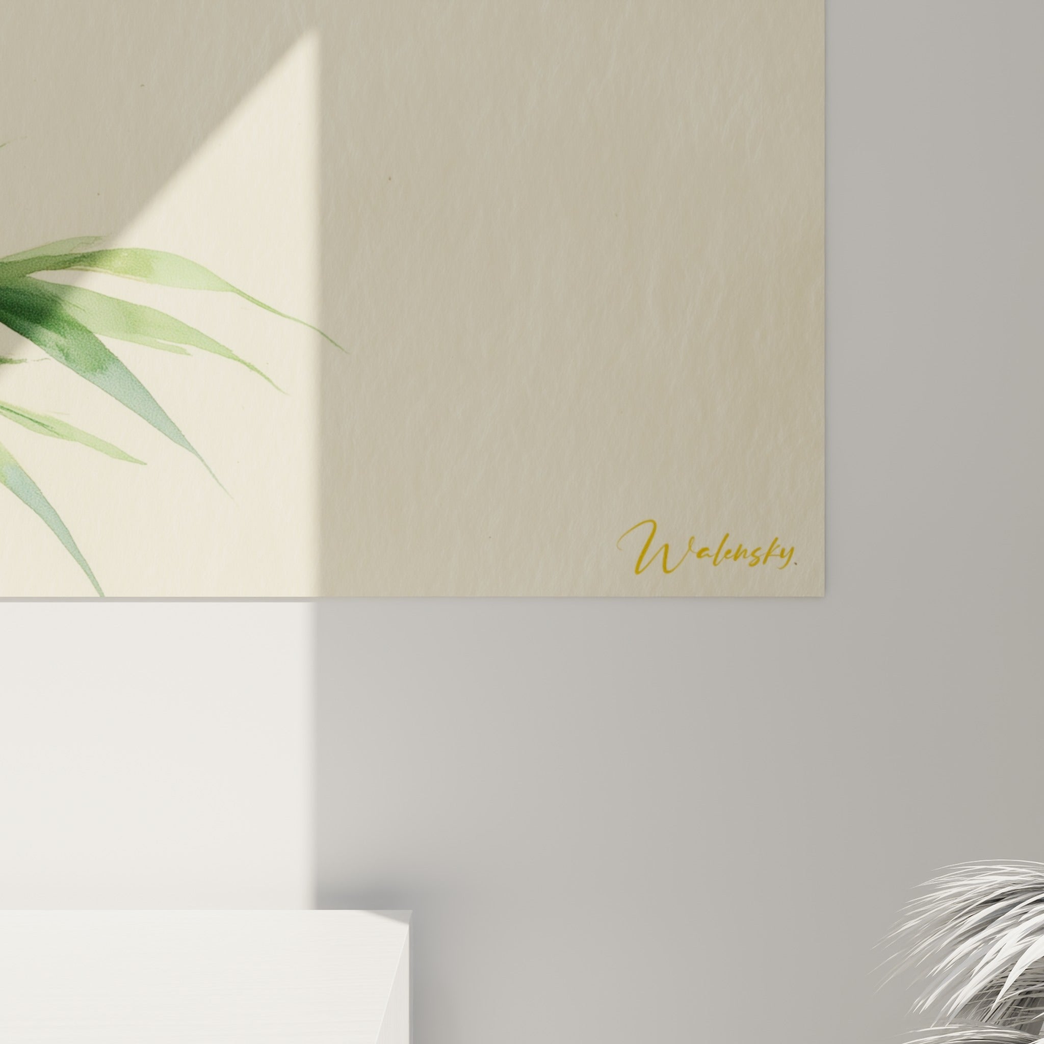 Détail des feuilles de bambou vert sauge où l'on distingue les touches d'aquarelle et le grain du papier ivoire