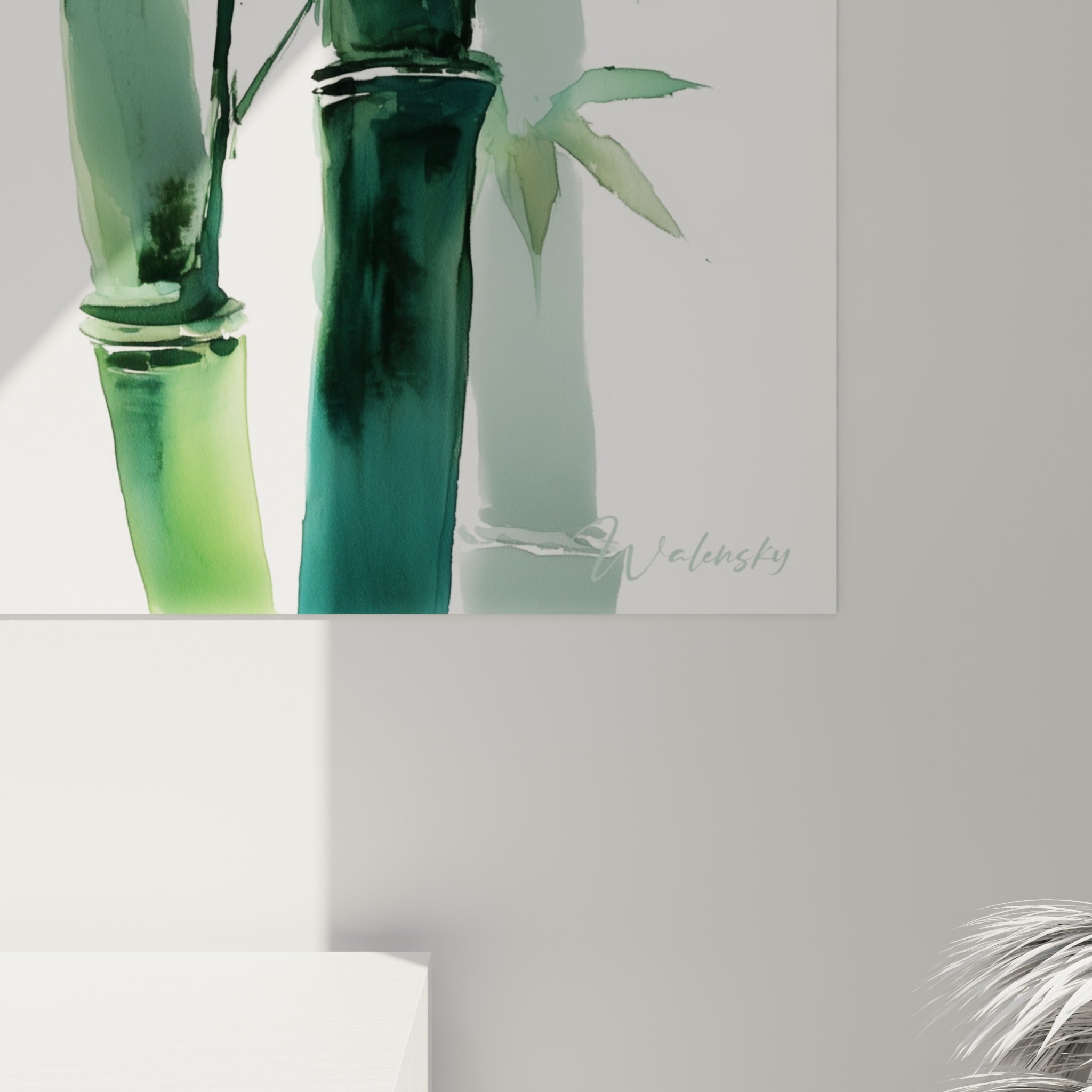 Empâtements et coulures d'aquarelle sur les tiges de bambou vert foncé et vert clair, grain visible