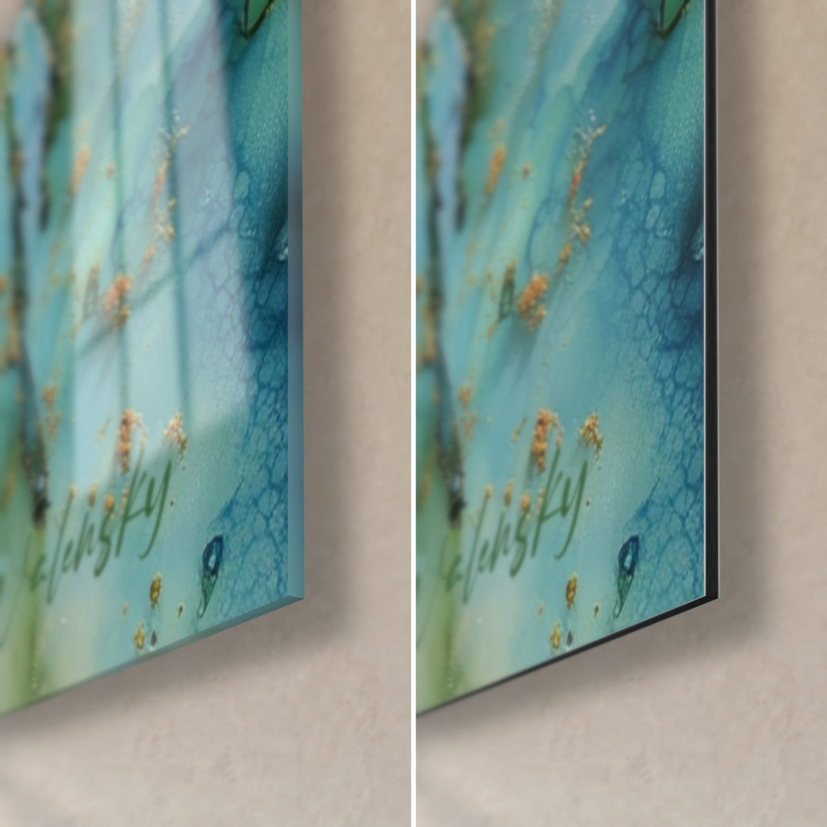 Tableau tiges de bambou vert et turquoise, coin bas droit : verre brillant à gauche, alu Dibond mat noir à droite, tranche fine