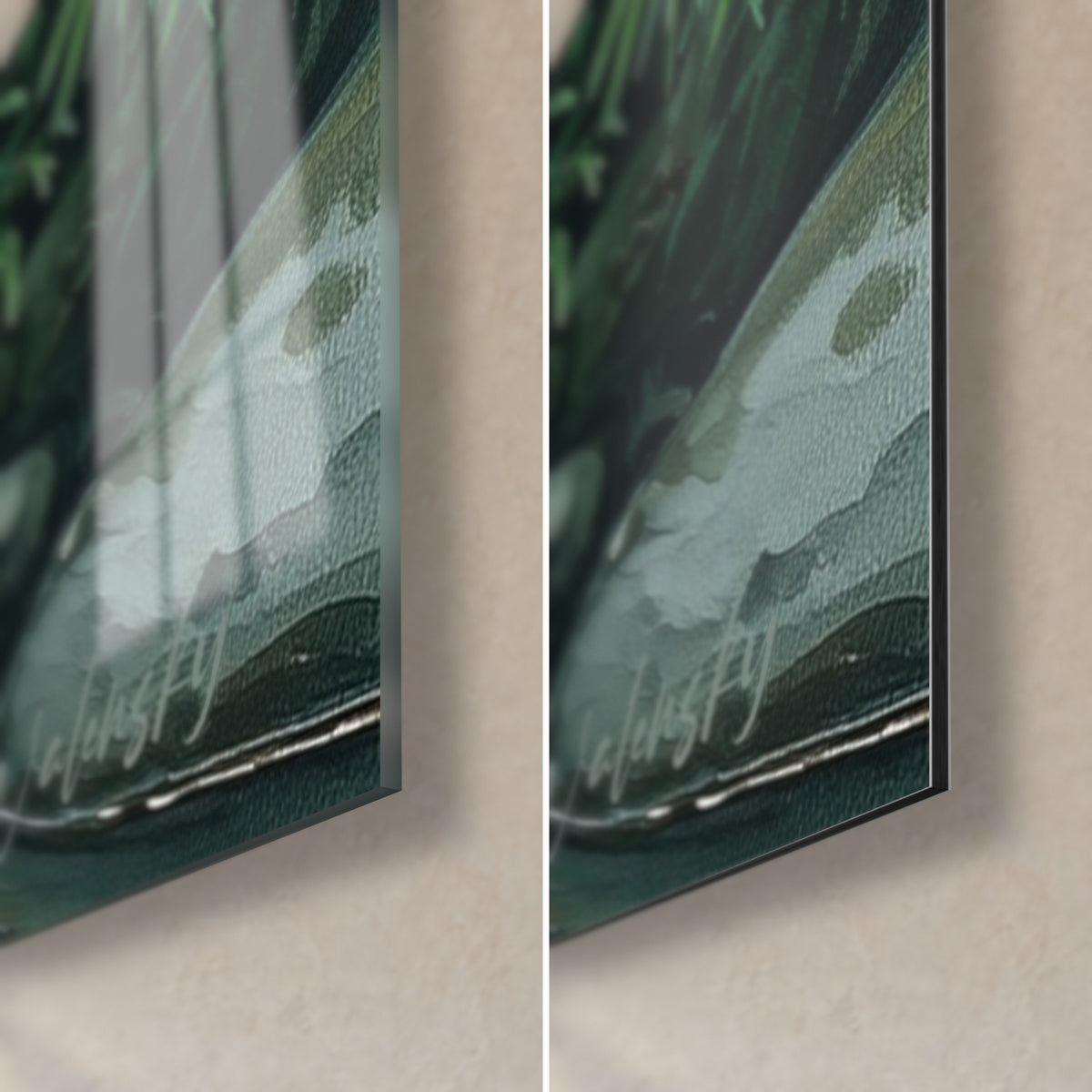 Gemälde Grüner Wasserlauf, untere rechte Ecke: glänzendes Acrylglas links, matt schwarzes Dibond rechts, 3 mm Kantenstärke
