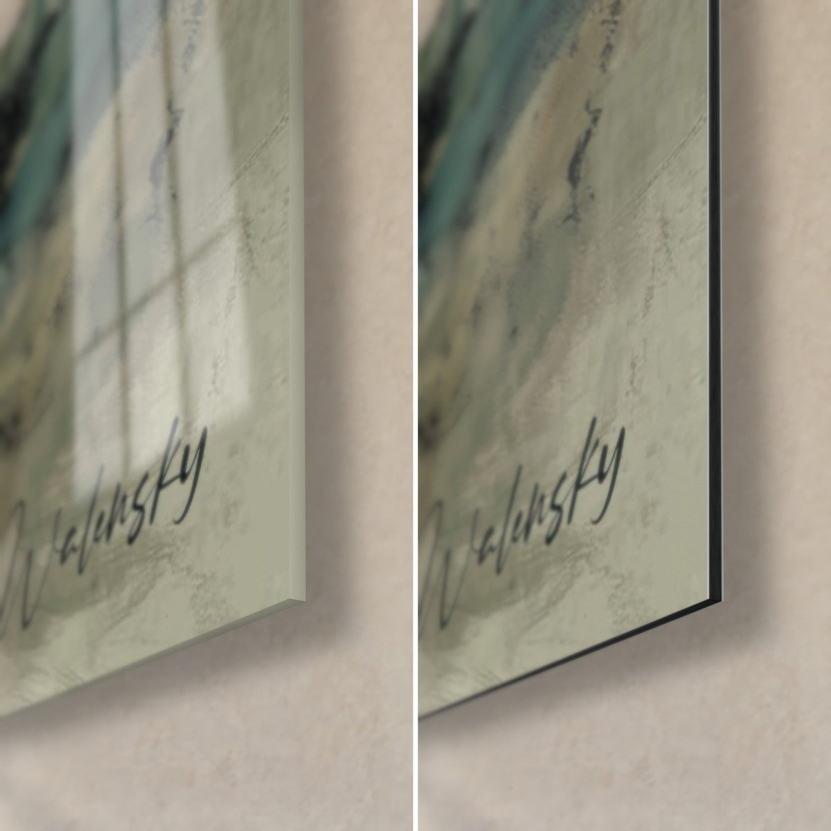 Tableau canne de bambou à l'encre, signature Walensky bas droit, verre acrylique brillant et alu Dibond mat noir, tranche 3 mm
