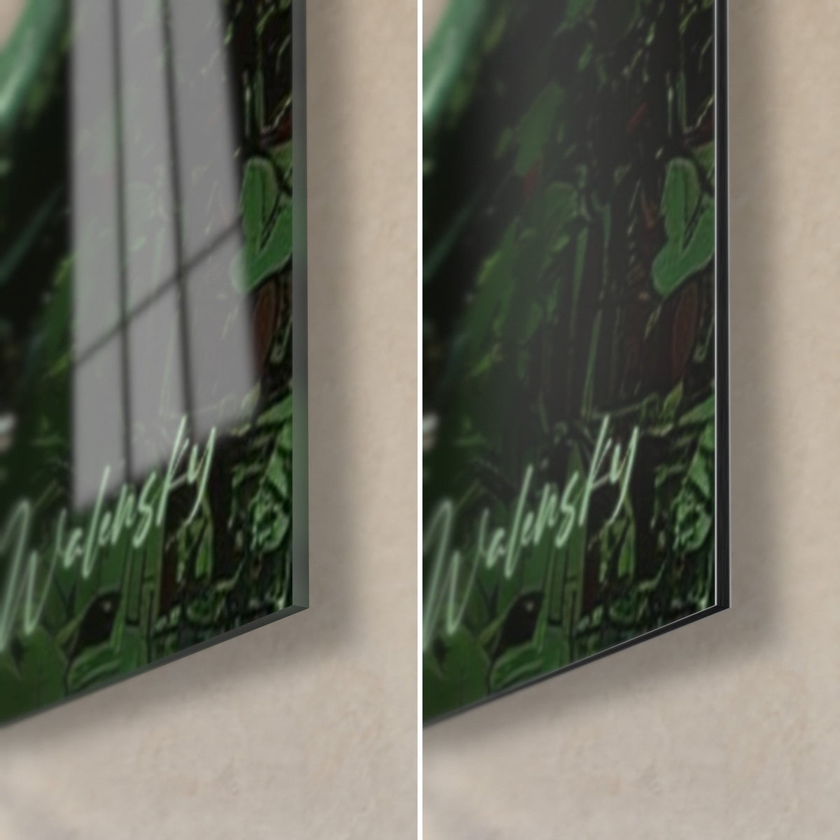 Tableau moine au chapeau de paille, coin bas droit : verre acrylique brillant reflétant la fenêtre, alu Dibond mat noir et vert, tranche 3 mm