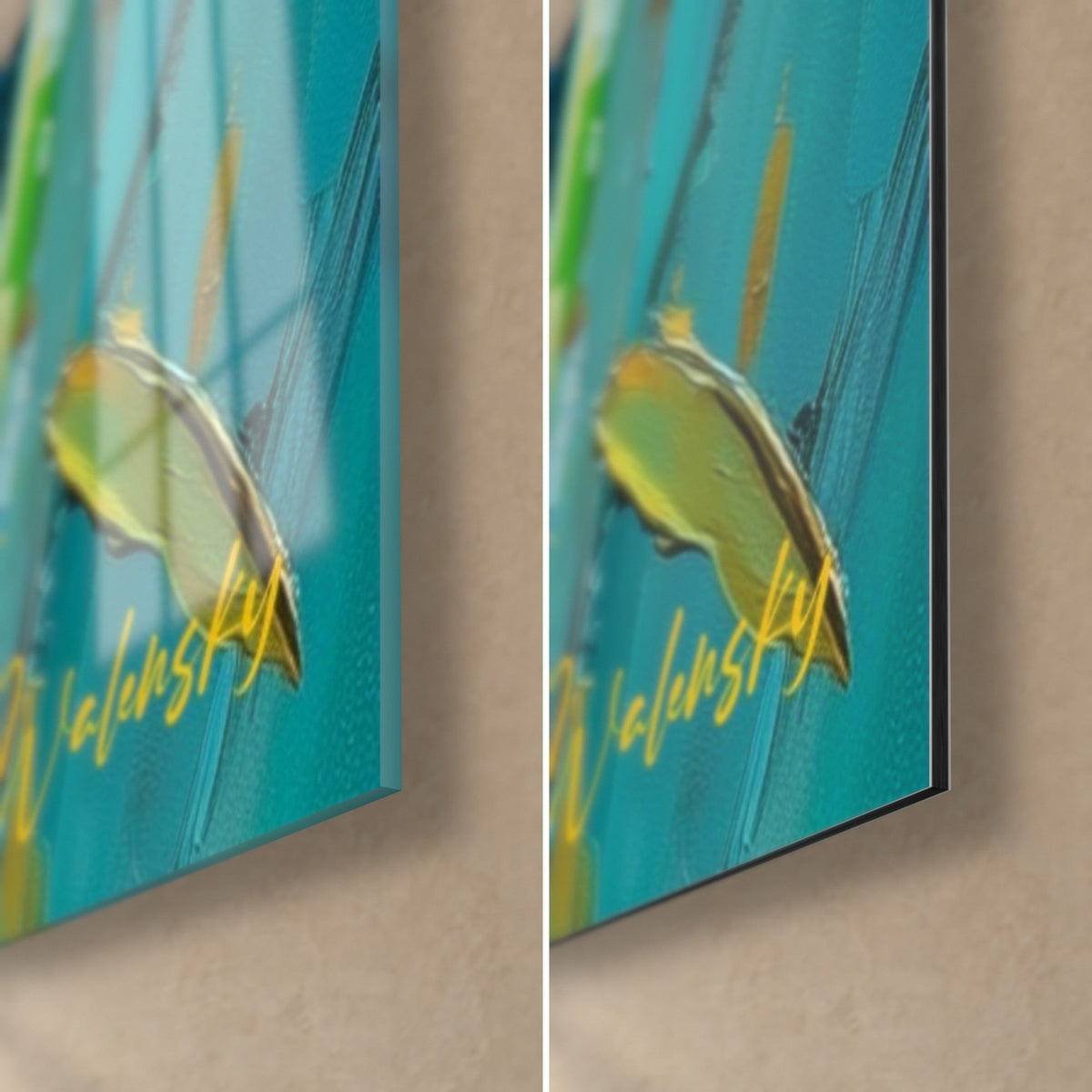 Tableau bambous turquoise et feuille dorée signée Walensky, coin bas droit : verre brillant à gauche, alu Dibond mat à droite