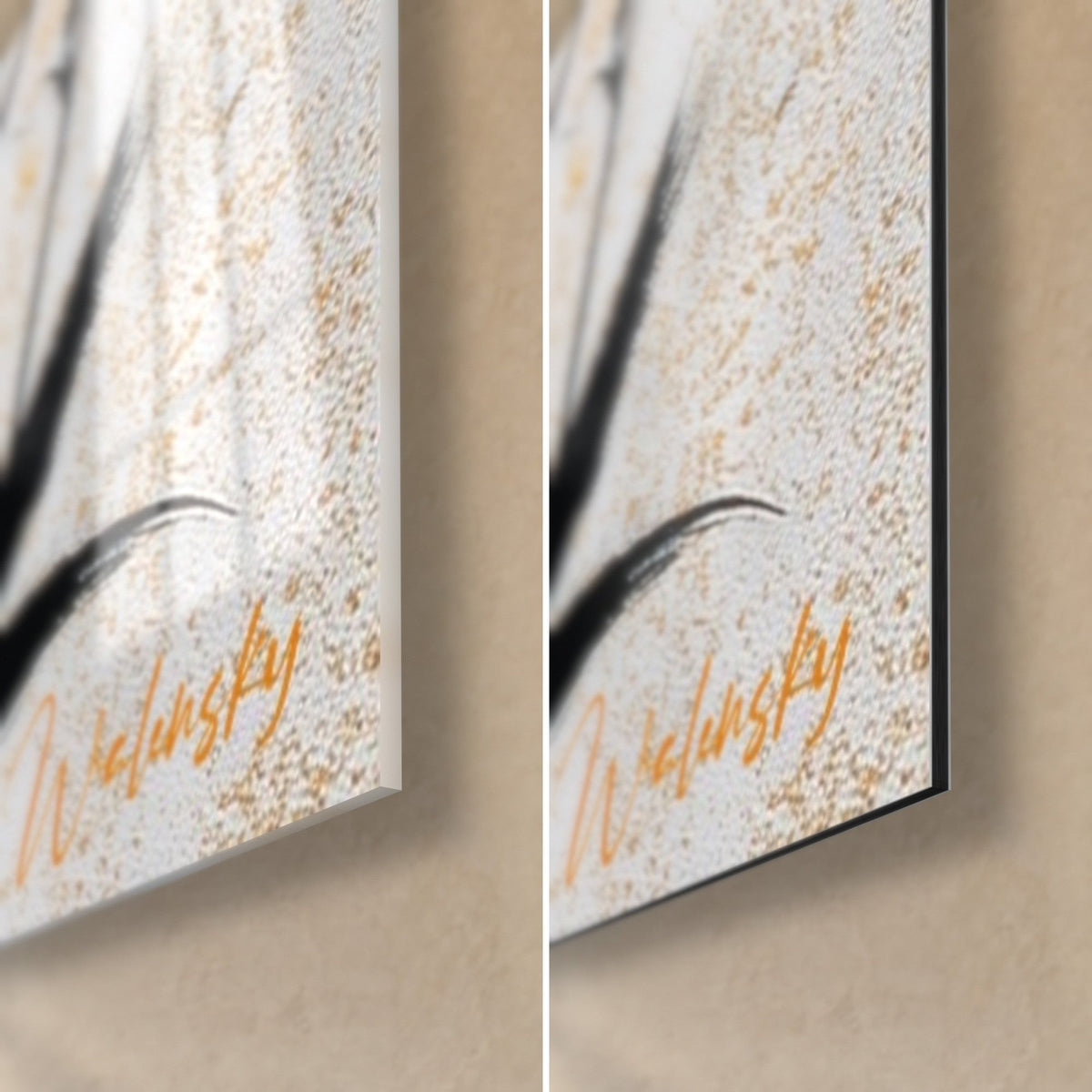 Tableau rameau de bambou noir, coin bas droit : verre acrylique brillant à gauche, Dibond mat blanc doré à droite, tranche noire