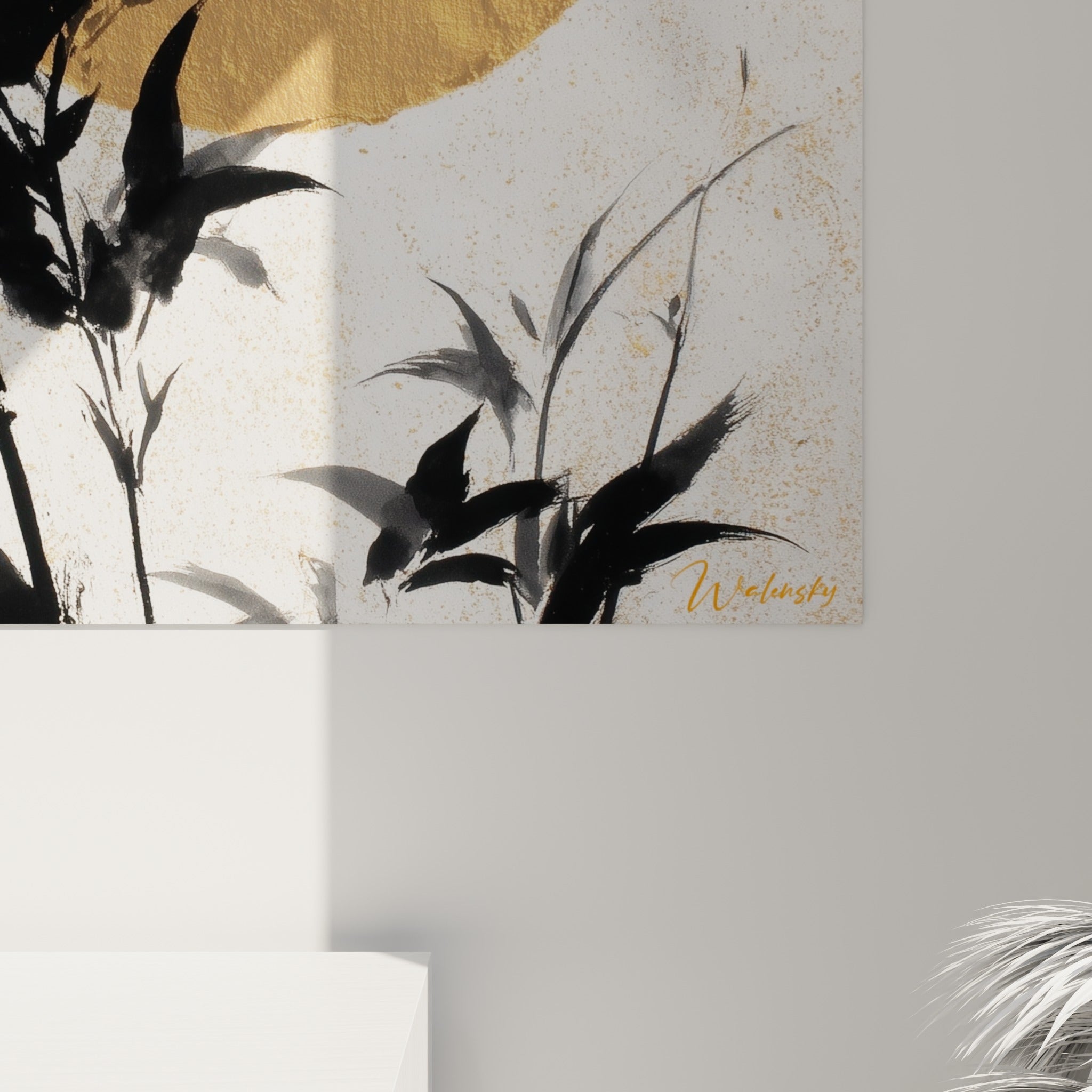Détail des empâtements noirs et du grain doré granuleux formant le disque solaire du bambou